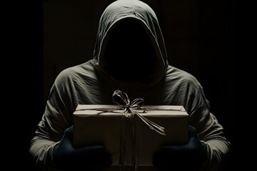 Mysterious Figure in Hooded Sweatshirt Holding a Wrapped Gift Box in Shadowy Darkness