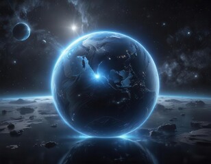 Fototapeta premium glowing blue planet surrounded by shimmering silver stardust, stars, abstract