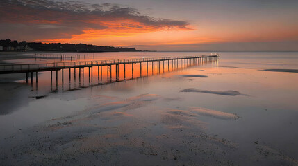 Fototapeta premium Long wooden pier extends into the calm sea during a vibrant orange sunset over a sandy beach.