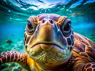 Fototapeta premium Close-up of a Turtle's Face in the Ocean