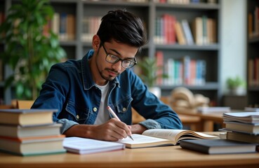 Indian student sits at desk in library environment diligently studying. Actively organizing textbooks, taking notes. Student appears focused, determined. Wears glasses, engaged in serious academic