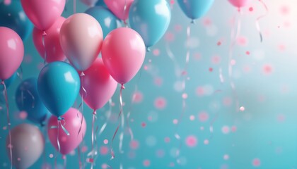 Colorful balloons float against blue bokeh background. Pink, blue balloons with ribbons create festive atmosphere. Celebration evident in image. Perfect for party invitations greeting cards. Stylish