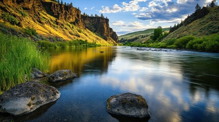 Calm River Reflecting Sky Between Steep Canyon Walls