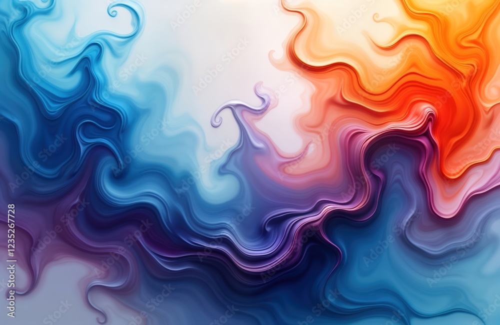 Aufkleber Abstract illustration shows fluid colours mixing gently in flowing patterns. Dynamic colours blend smoothly creating captivating design. Liquid paints swirl, flow with beautiful curves in different