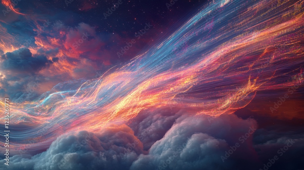 Poster vibrant cloud with light trails, depicting the rapid and efficient flow of data, cloud networks, art