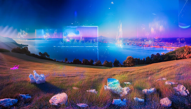 View from a hill with a sea view, gridge image, fusion, cyber, neon, colorful, glowing, design