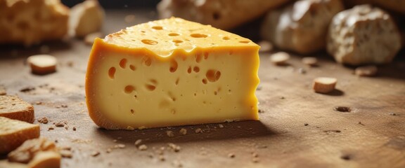 Golden yellow cheese with hole-like structure and crusty edges,  crust,  warmth