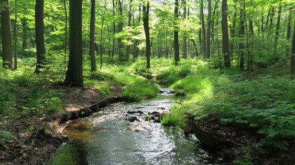 Fototapeta premium Serene Stream Flows Through Lush Green Forest