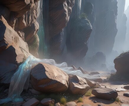 Gossamer veil of iridescent mist wraps ancient, worn stone ,  eerie ,  textures