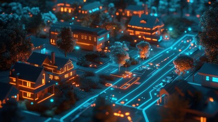 Obraz premium Neon Lit Suburban Neighborhood Night Scene