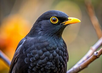 Fototapeta premium Close-up Portrait of a Black Bird with Piercing Yellow Eyes