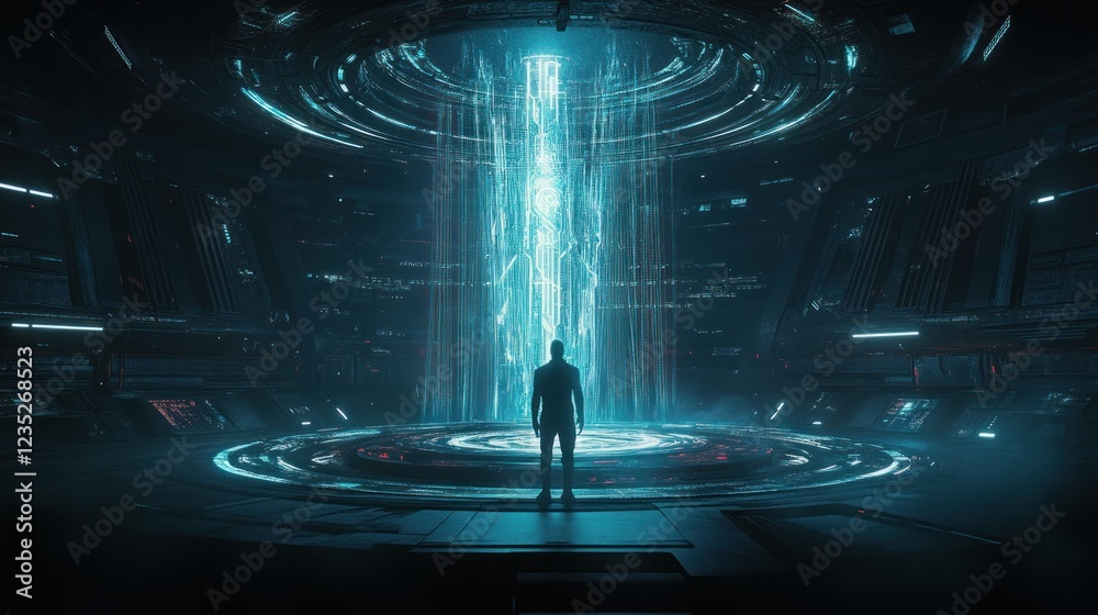 Poster futuristic figure observes digital data stream in cybernetic chamber