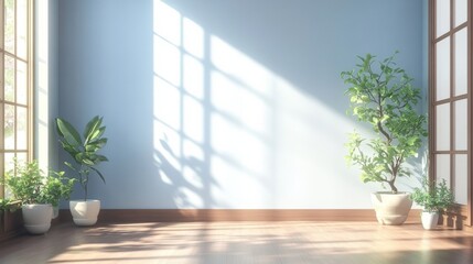 Isekai anime style illustration, blue studio table backdrop for product displays, copy space, online advertising banner. Enchanting environment, gentle color contrasts.
