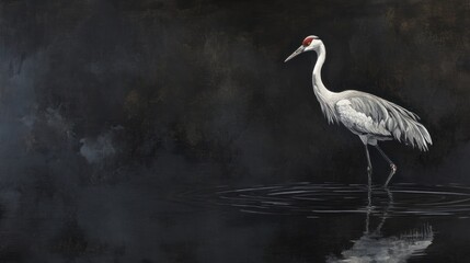 Fototapeta premium A solitary crane stands in dark water
