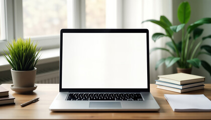Fototapeta premium Empty laptop on wooden desk. Modern workspace with blank screen. Plants, books on desk. Stylish, minimalist interior. Ideal for templates, mockups, tech products. Versatile photo for websites,