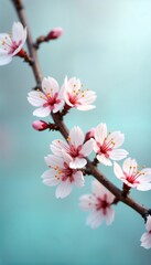 Obraz premium Delicate spring blossoms on branch. Close-up view of cherry blossoms. Soft focus background shows gentle light teal. Beautiful flowers show pale pink petals, tiny yellow stamens. Floral beauty in