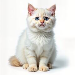 Adorable cream-colored kitten looks directly at camera. Cute pet on plain white background. Fluffy fur, blue eyes. Perfect for pet lovers, animal enthusiasts. Picture ideal for websites selling cat