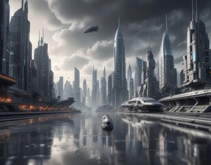 Fototapeta premium Grey mockup background with a futuristic cityscape and a spaceship in the foreground, futuristic, urban landscape