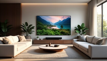 Modern living room features large tv screen showing tranquil scenery. Elegant furniture pieces including couch, coffee table situated in bright room. Natural light floods interior creating cozy