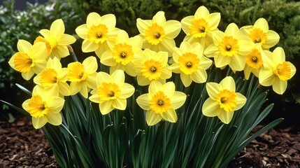 A cluster of bright yellow daffodils blooming beautifully