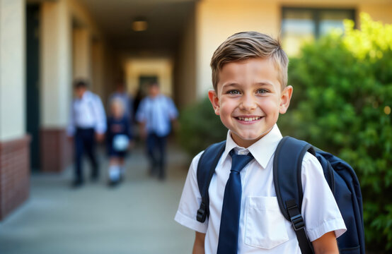 Happy little boy ready for first grade. Stands outdoors near school building. Smiling boy wearing school uniform with backpack. School supplies. Education. Back to school. Child excited. Cute,