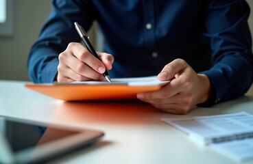 Businessman reviews documents on clipboard. Man works in office with papers. Checks checklist, works in office. Employee looks through job documents, contract. Pro manager inspects files. Business