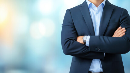 Fototapeta premium Young businessman exudes confidence in a sleek suit, captured against a blurred backdrop for a modern touch.