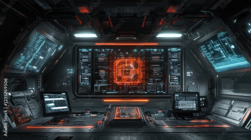 Poster Futuristic Spaceship Bridge Control Room Displaying Data