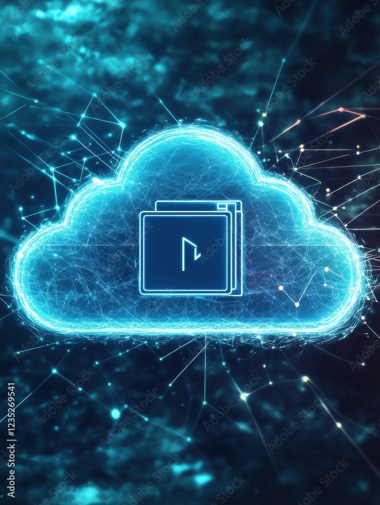 Poster an image of a cloud with a storage icon (e.g., a folder or hard drive) superimposed on it, represent