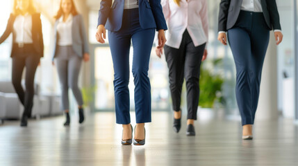 A group of blurred business professionals rushes through a bustling office corridor, embodying the pace of modern work life.