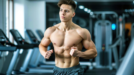 Fit sportsman intensively running on a treadmill, showcasing dedication to health and athletic prowess in a gym setting.