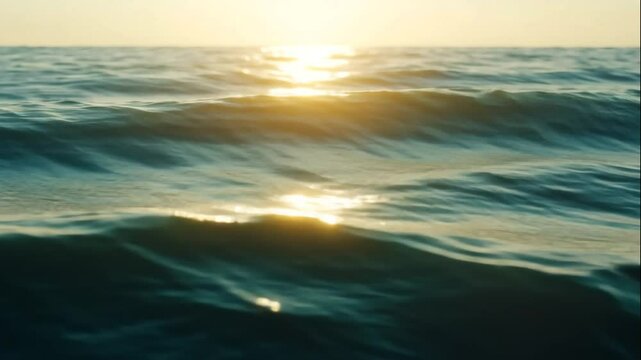 Golden sunlight reflects on gentle ocean waves creating a serene and calming atmosphere. Perfect for nature documentaries or travel videos.