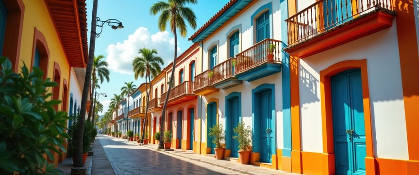 Fototapeta Colorful colonial houses line street in Dominican Republic. Vibrant facades showcase traditional Spanish architecture. Intricate details, vibrant colors in historic buildings. Palm trees, plants add