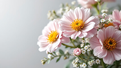 Fototapeta premium Bouquet of Mimosas with pink flowers and a touch of greenery on a light background