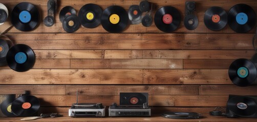 Grunge music notes and vinyl records on a wooden wall, music notes,  grunge music