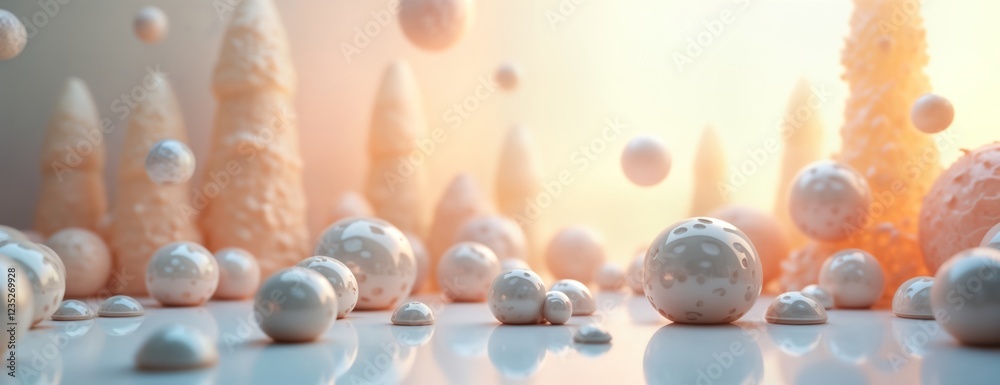 Leinwandbilder abstract scene shows soft light beige and white spheres and shapes on a smooth surface. floating for