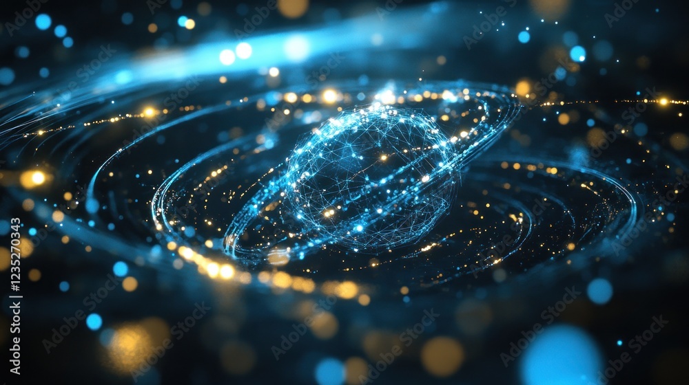 Poster networked sphere orbiting within a glowing nebula