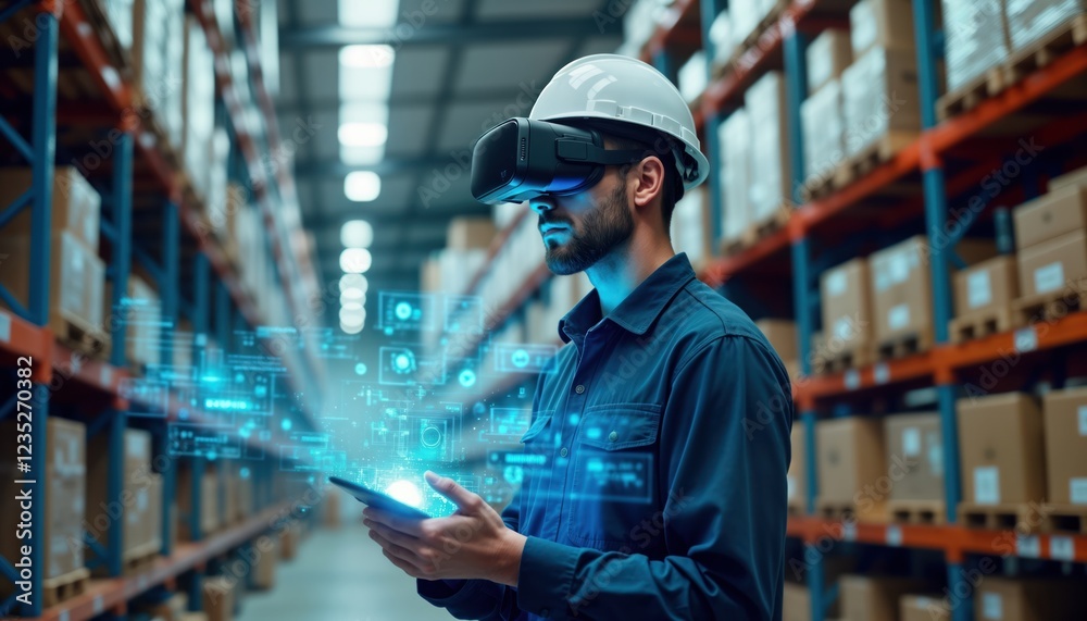 Poster Warehouse worker uses VR tech for inventory management. Modern warehouse setting with worker in casual attire wearing VR headset. Digital data overlays on tablet screen provide real-time info.