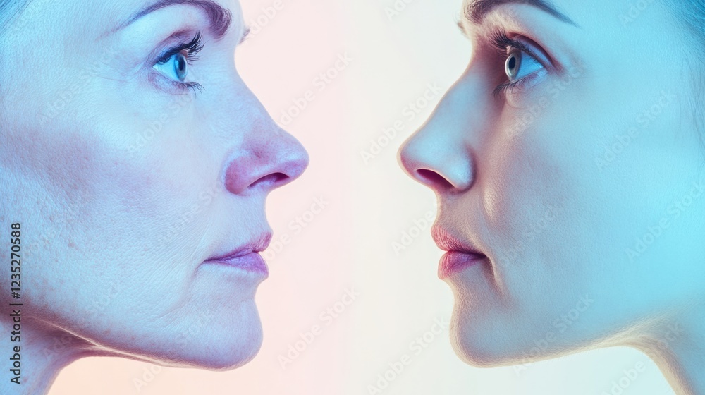 Poster contrast of aging and youthfulness captured in two faces side by side. generative ai