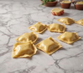 Handmade ravioli on a marble countertop with parmesan cheese ,  pasta,  marble countertop