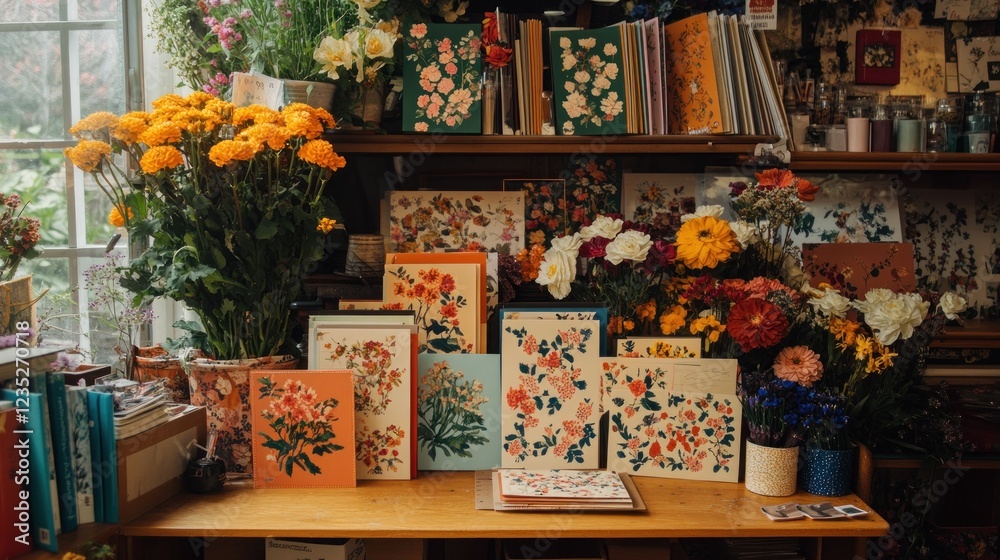 Poster floral artwork and botanical prints displayed on a table