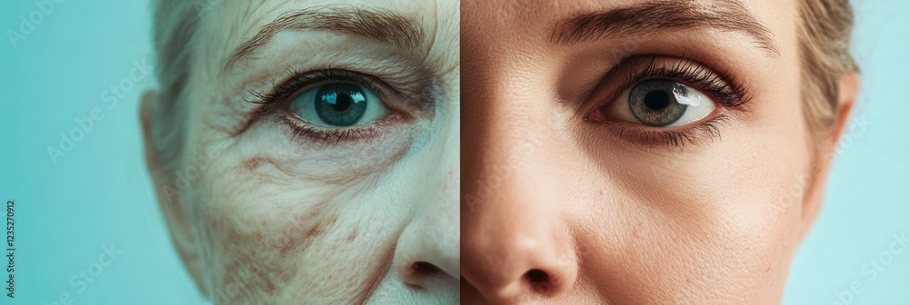 Poster two contrasting faces showcase the effects of aging and youthfulness in a dramatic side by side comp