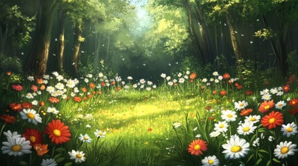 Enchanted Forest Meadow Wildflowers Bloom Brightly