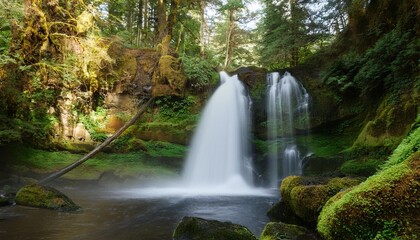 A serene waterfall surrounded by lush green trees and moss-covered rocks, with mist rising from the cascading water.