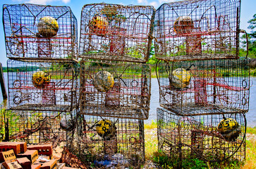 Crab traps stacked on the Bon Secour River in Bon Secour Alabama
