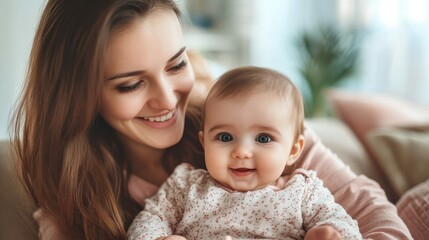 family, motherhood and people concept - happy mother with little baby daughter at home
