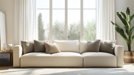 A soft cream-colored sofa in a contemporary interior with minimal decor and bright natural light