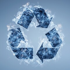 Obraz premium Crystal Clear Recycling Symbol: Ice-Laden Arrows on Blue, Symbolizing Sustainable Solutions、氷をまとった矢印による透明感のあるリサイクルシンボル:持続可能な解決策を象徴する.Generative AI