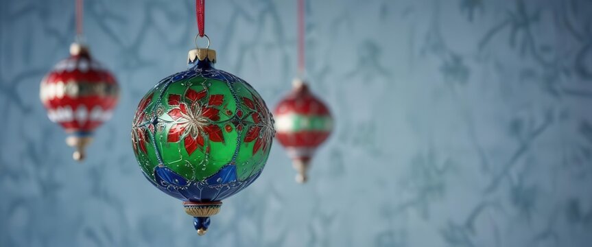 Hanging glass ornament on a string, featuring red and green patterns against a blue background,  Christmas tree,  festive pattern