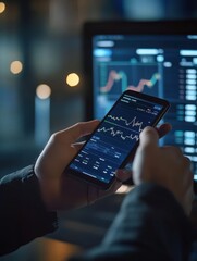Crypto trader investor broker using smartphone app analyzing financial data stock market price on cell phone, checking online trading platform application, buying cryptocurrency, over shoulder view.